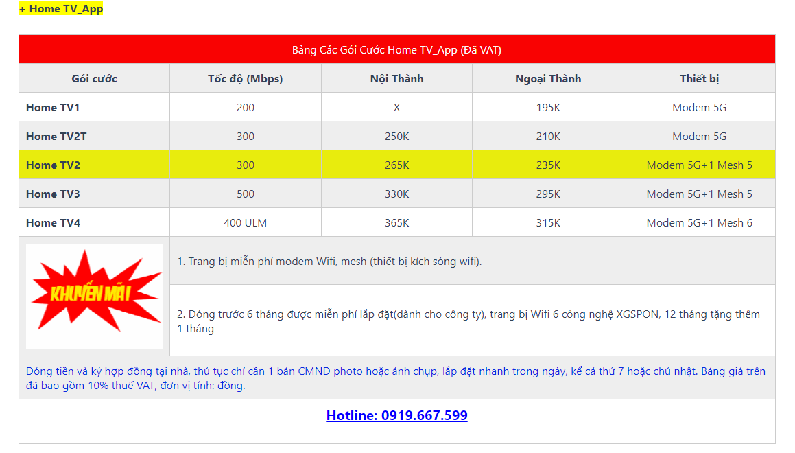 bảng giá cước vnpt - Home TV